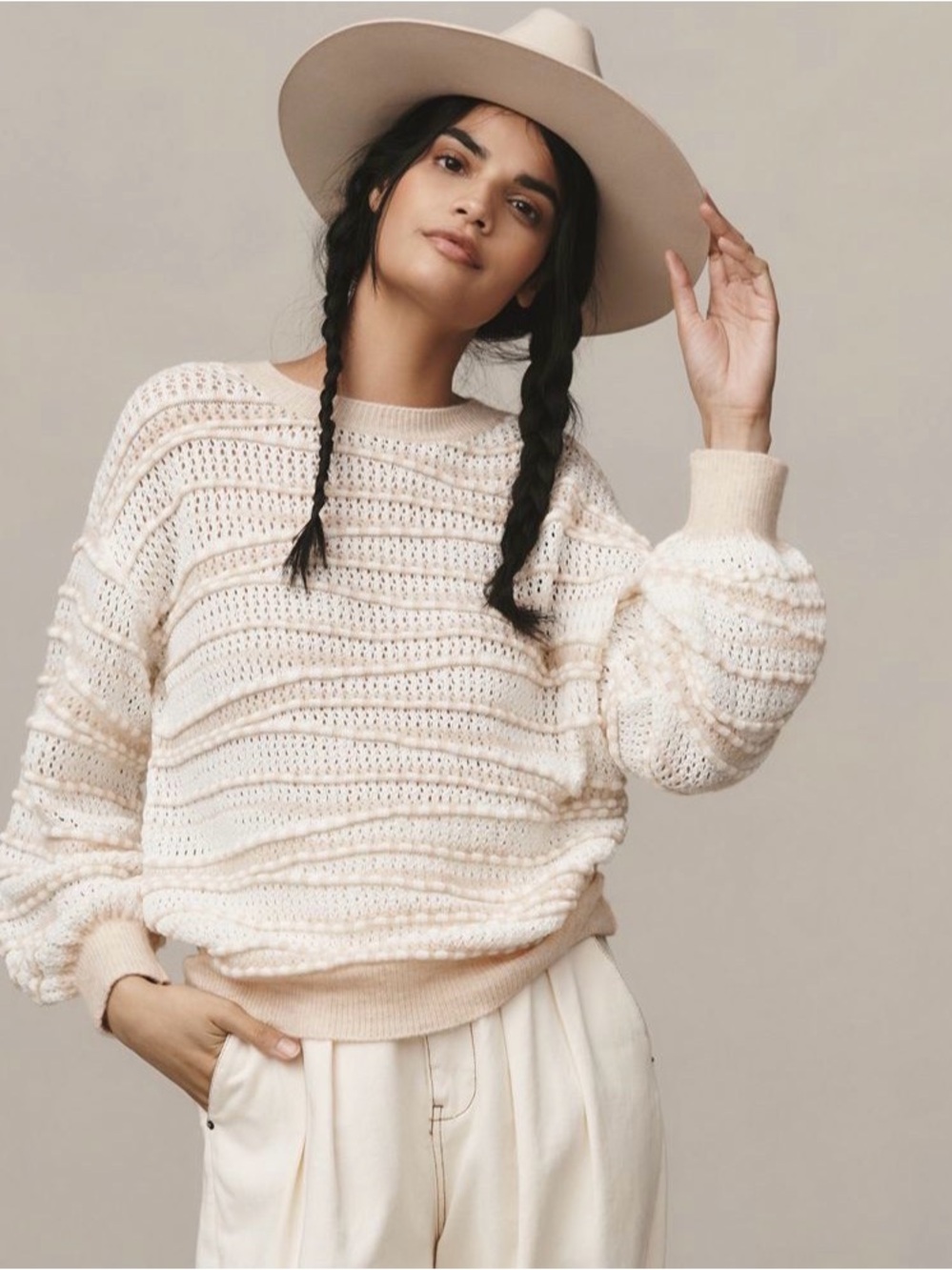 Anthropologie Cream Open-Knit Balloon Sleeve Sweater